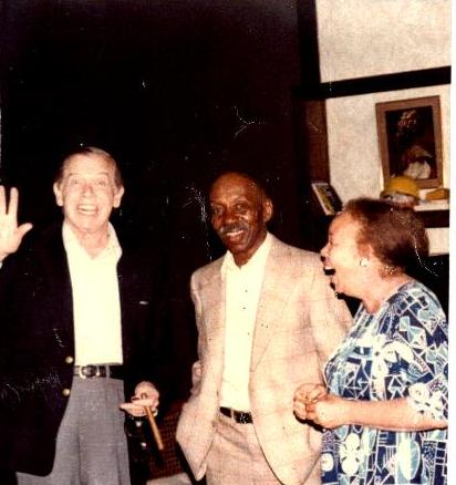 Milton Berle, Nick Stewart and Edna Stewart on stage at the Ebony Showcase Theatre